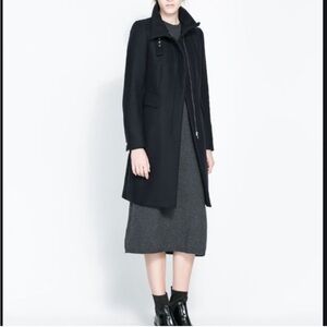 Zara Coat with Buckle Collar and Zip Navy Blue